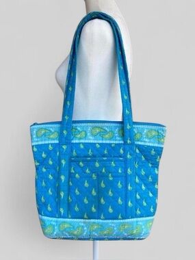 Quilted Cotton Paisley Print Tote Bag Blue Green Boho Everyday Carry